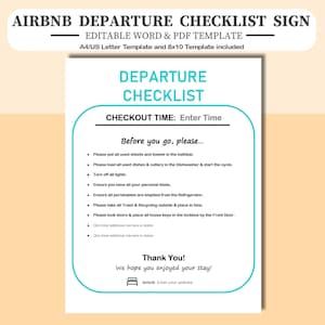 Znak listy kontrolnej wyjazdu Airbnb — edytowalny w programach Word, Adobe PDF i Google Docs. Rozmiary A4/US Letter i 8x10. Znak listy kontrolnej wyjazdu Airbnb