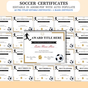 Soccer Certificate Award bundle, Fully editable/printable in Adobe PDF. 1 x blank certificate + 20 Pre-Titled certificates. Instant Download