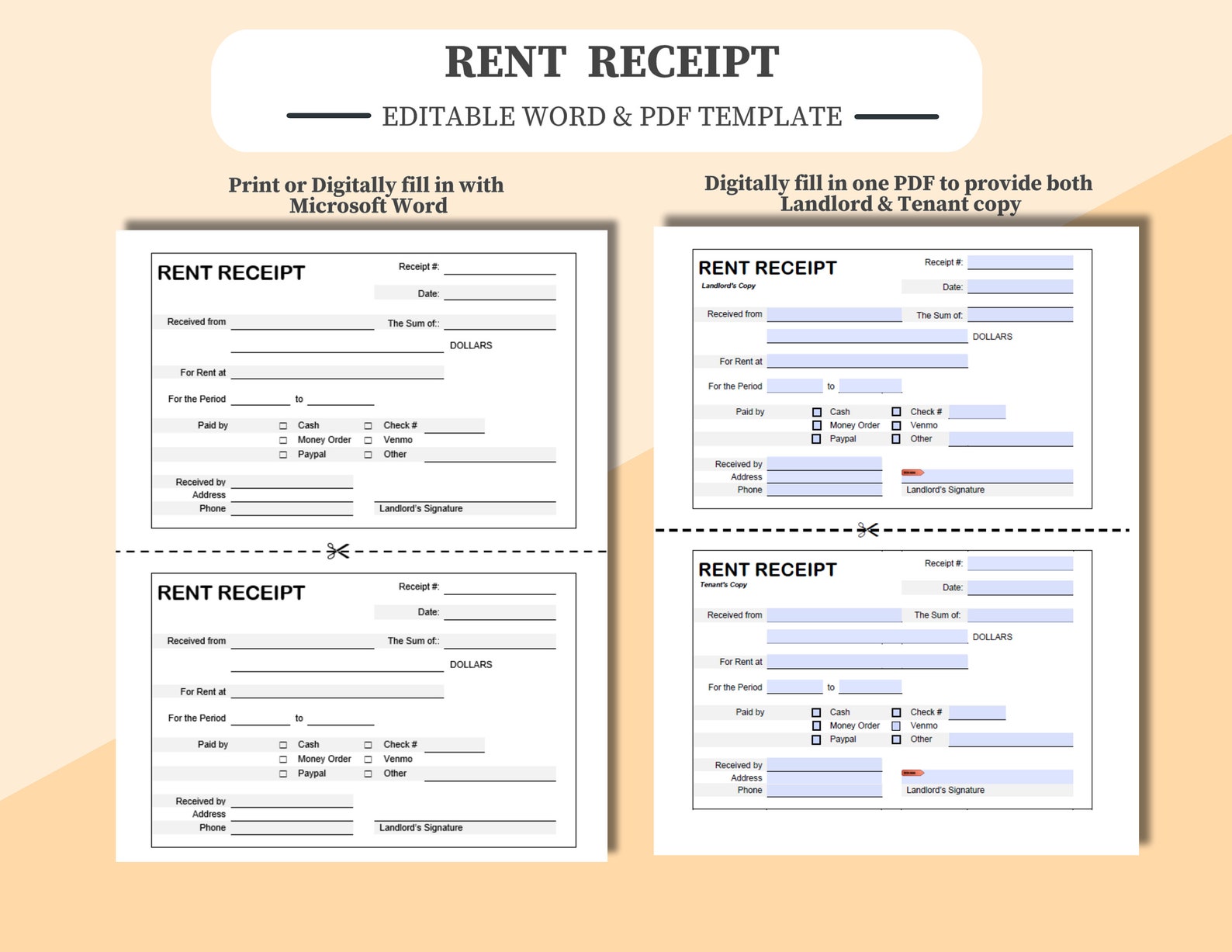 Landlord Rent Receipt, Receipt for Rent, Tenant Receipt, Monthly