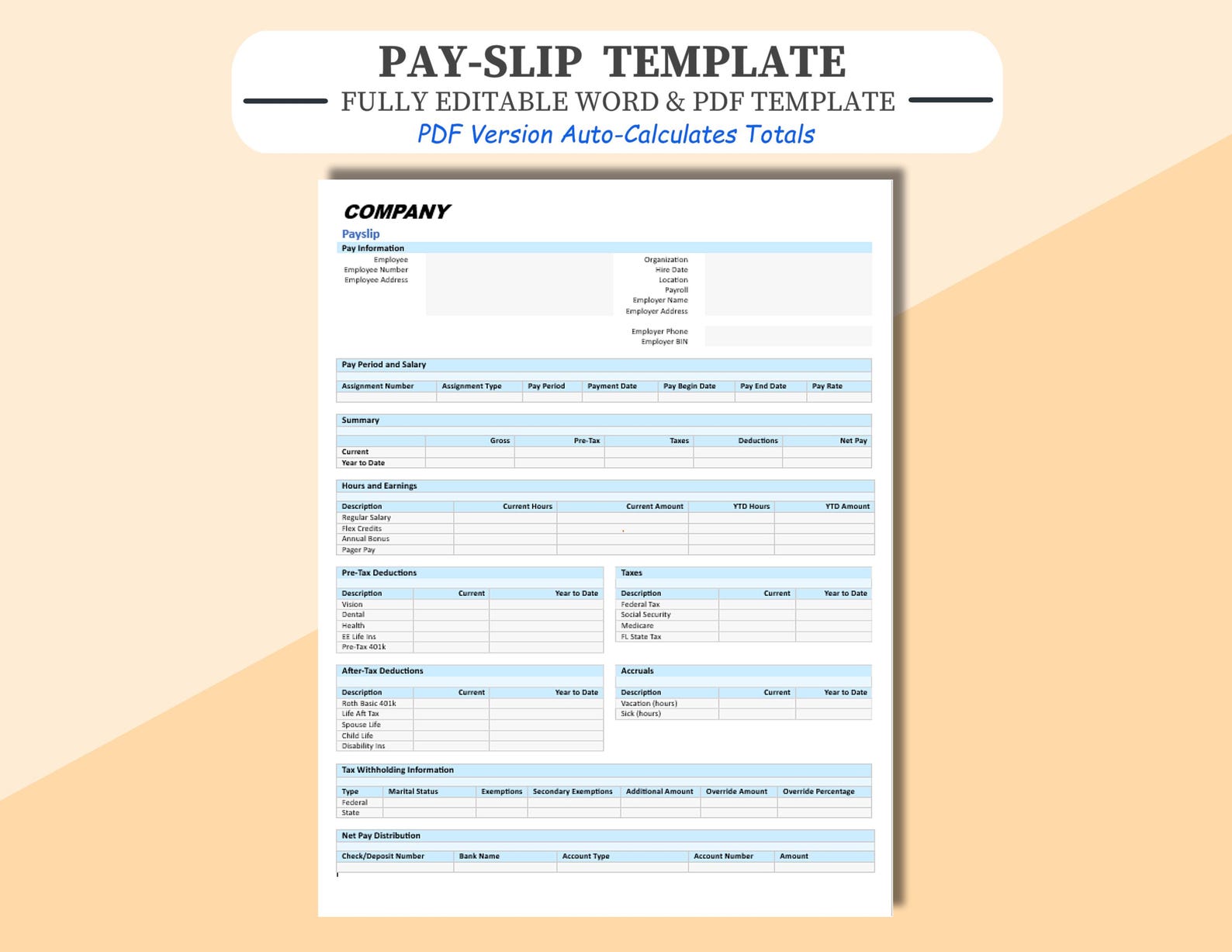 Editable Paystub Template.pdf Editable Pay Stub Template: Auto-calculating Pdf/word - Etsy