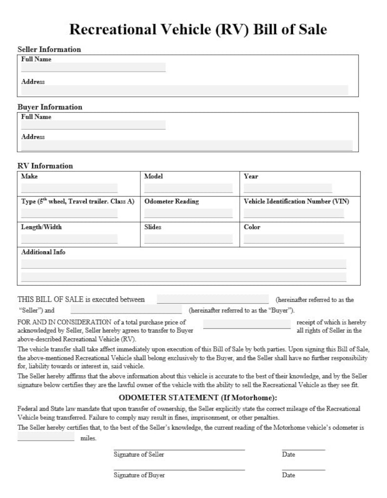 Recreational Vehicle Rv Bill Of Sale Contract Editable Pdf Word