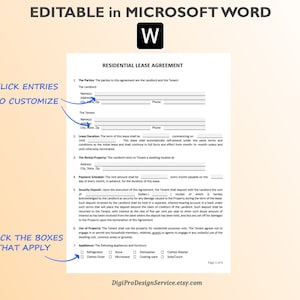 Puede incluir: Plantilla de contrato de arrendamiento residencial editable en Microsoft Word. La plantilla incluye secciones para la informaci&oacute;n del arrendador y el inquilino, la duraci&oacute;n del arrendamiento, los detalles de la propiedad de alquiler, el calendario de pagos, el dep&oacute;sito de seguridad, el uso de la propiedad y los electrodom&eacute;sticos. Las casillas de verificaci&oacute;n permiten personalizar los electrodom&eacute;sticos incluidos.