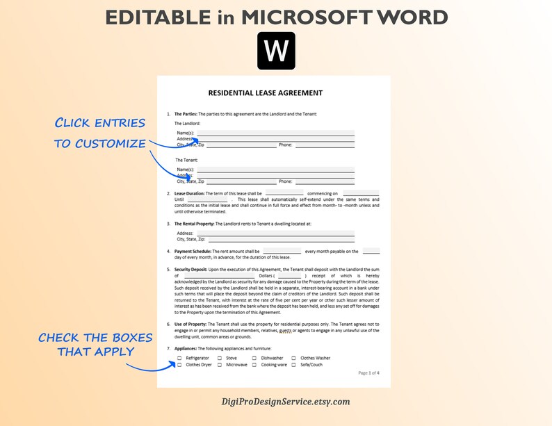 Rental Lease Agreement Printable or Editable in Word. Monthly or Yearly. Residential Lease