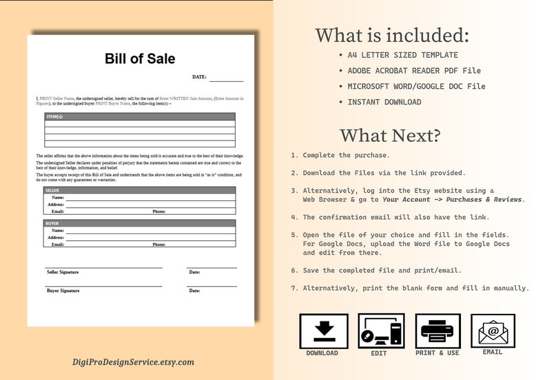 Bill of Sale Document, Fully Editable in WORD, PDF & Google Docs. Sale