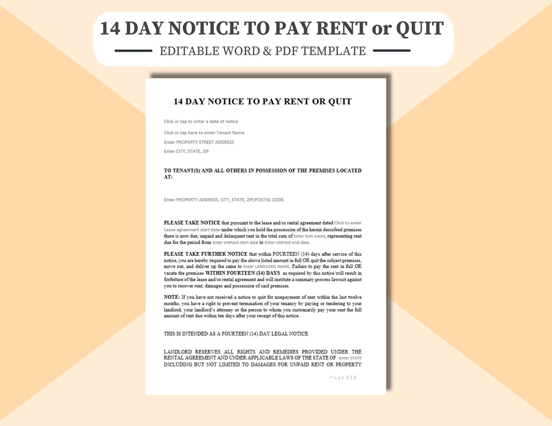 14-day Notice to Pay Rent or Quit - Editable Template (PDF, Word ...
