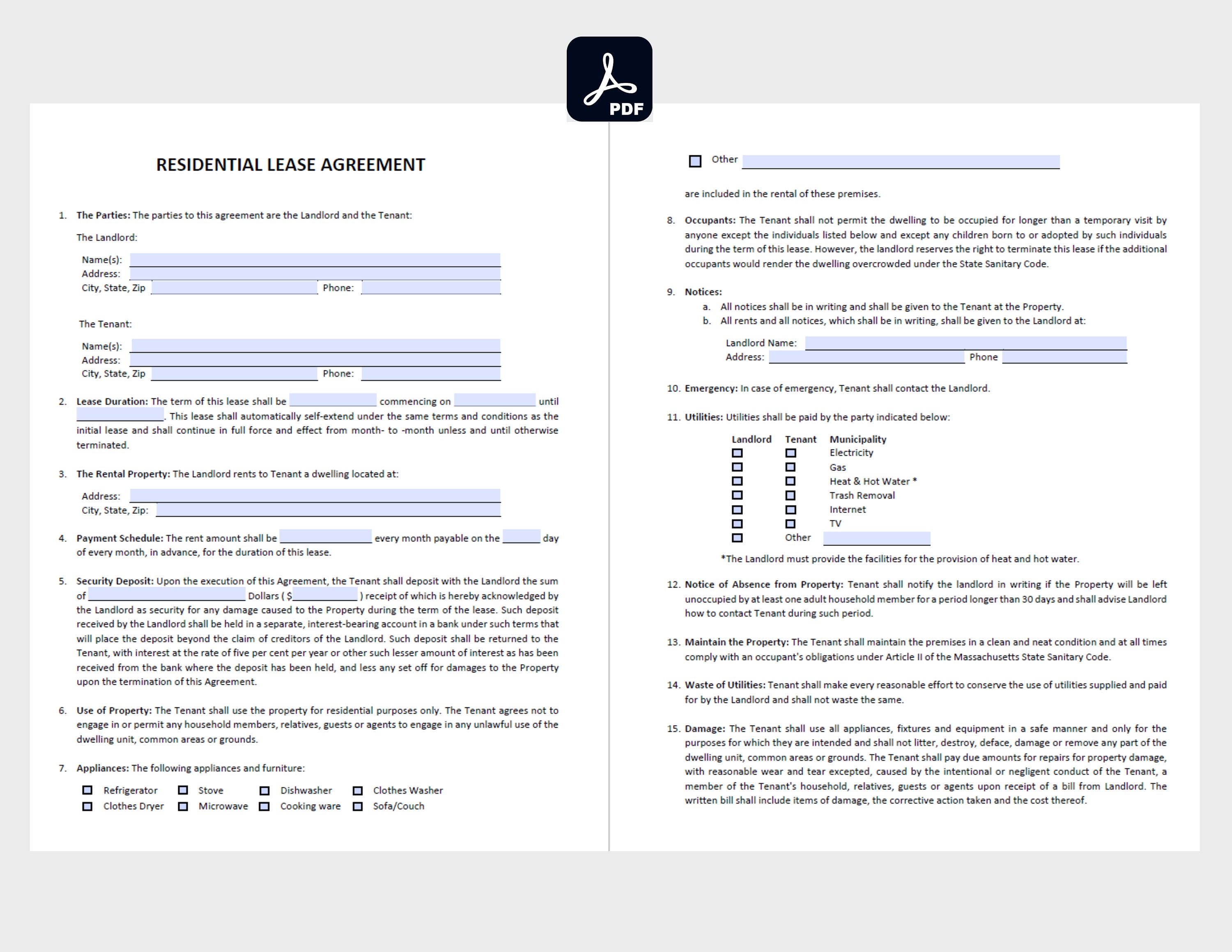 Residential Rental Lease Agreement Editable/fillable in WORD & PDF. Lease Agreement, Monthly