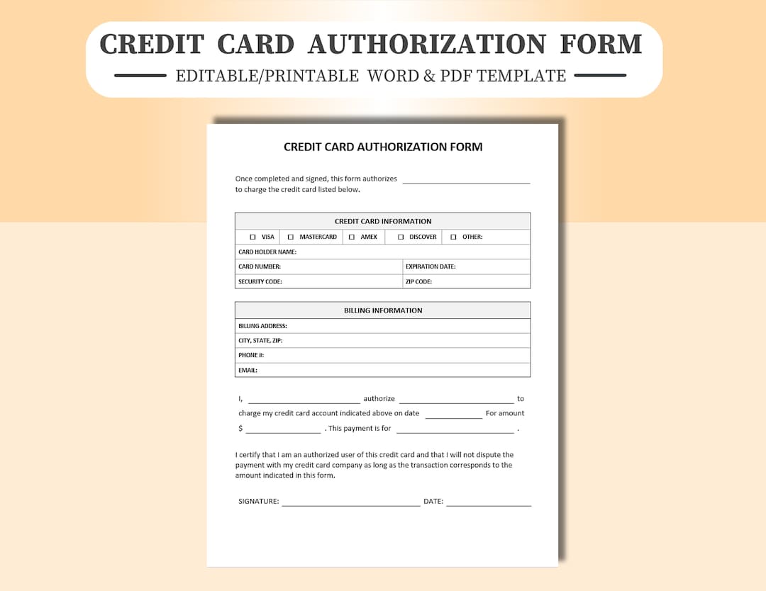 Credit Card Authorization Form: Editable PDF & Word Template - Etsy