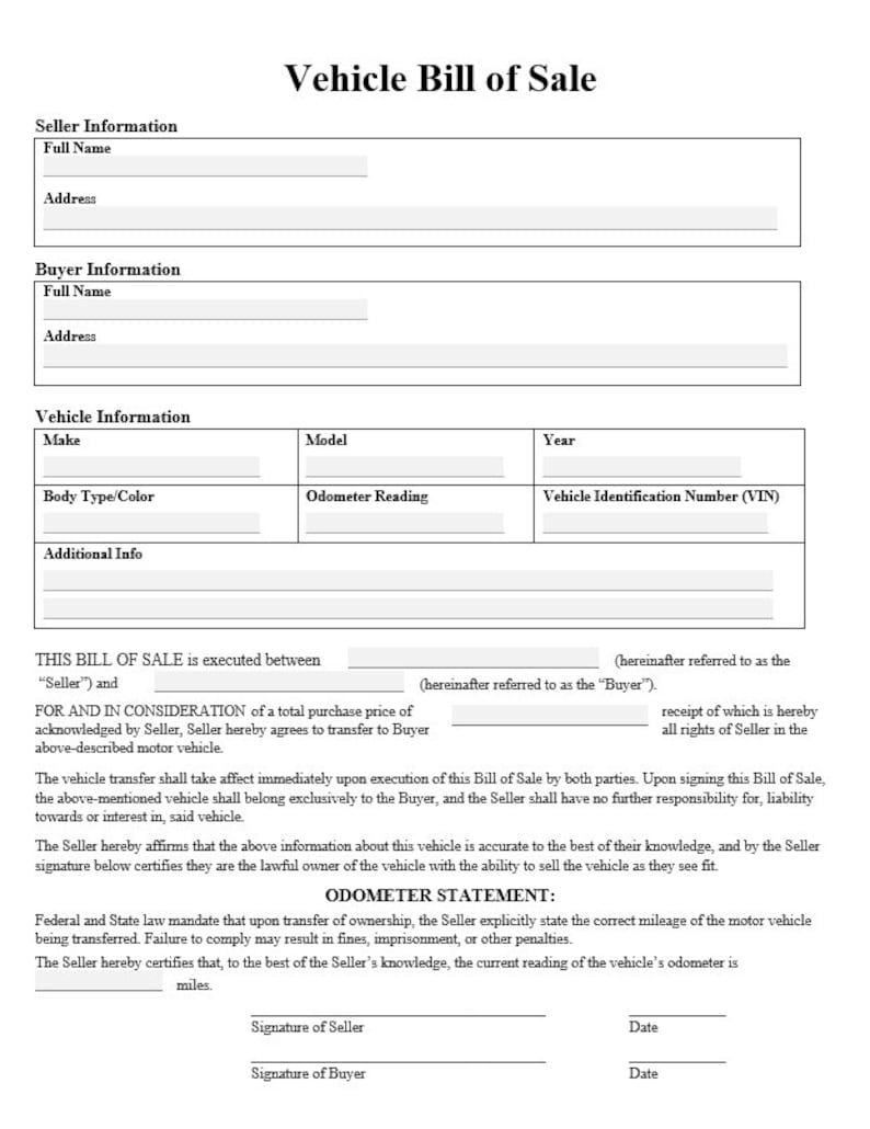 Vehicle Bill of Sale With Receipt, Editable, Fillable, Bill of Sale