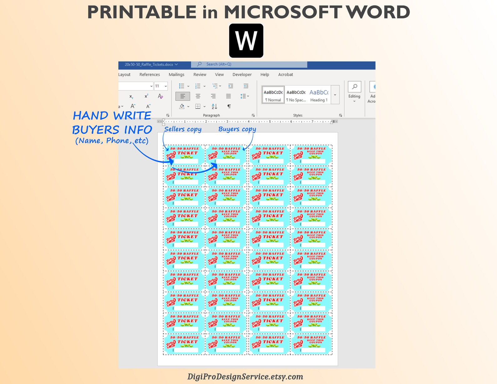 50/50 Raffle Tickets, 20 per Page. PDF Includes 5 Pages (100 Tickets ...