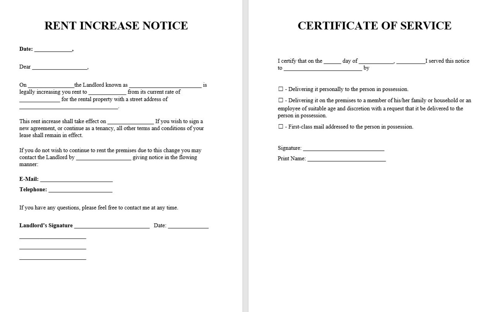 Rent Increase Notice, Printable Word Form, Landlord to Tenant Rent