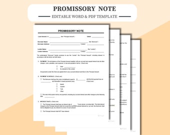 Promissory Note - Editable/Fill-in with WORD or PDF. Promissory Loan Agreement Note.