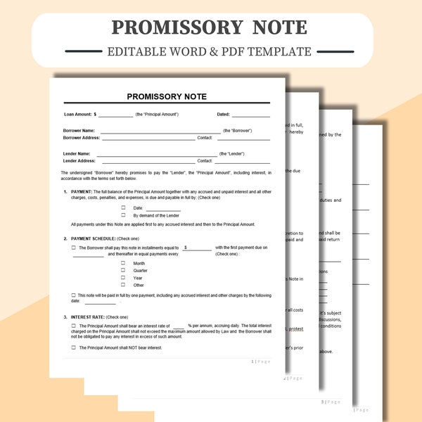 Promissory Note - Editable/Fill-in with WORD or PDF. Promissory Loan Agreement Note.