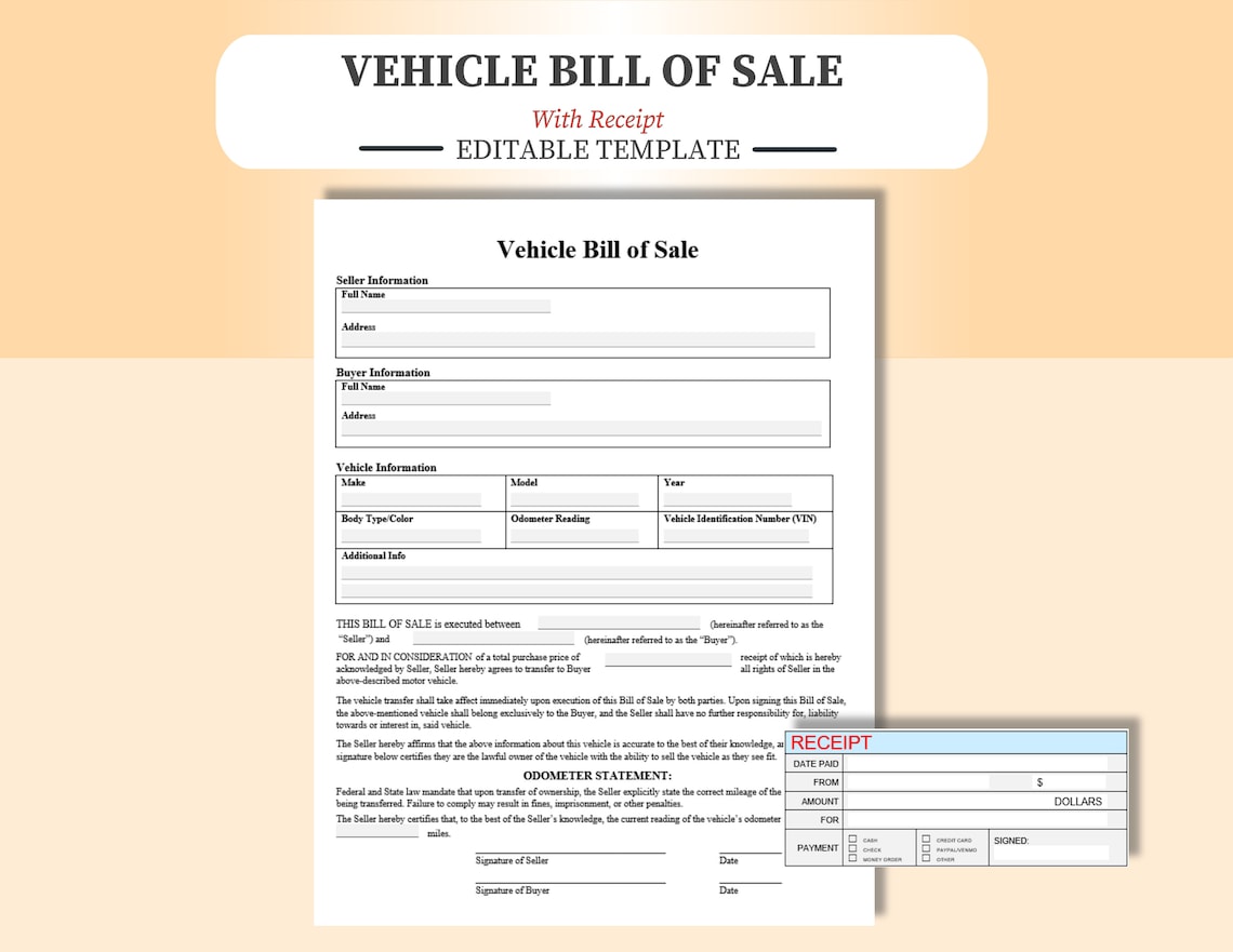 Vehicle Bill of Sale With Receipt, Editable, Fillable, Bill of Sale