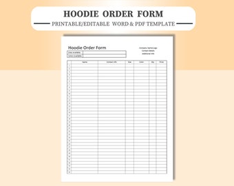 Hoodie Order Form Template: Editable PDF, Word & Google Docs