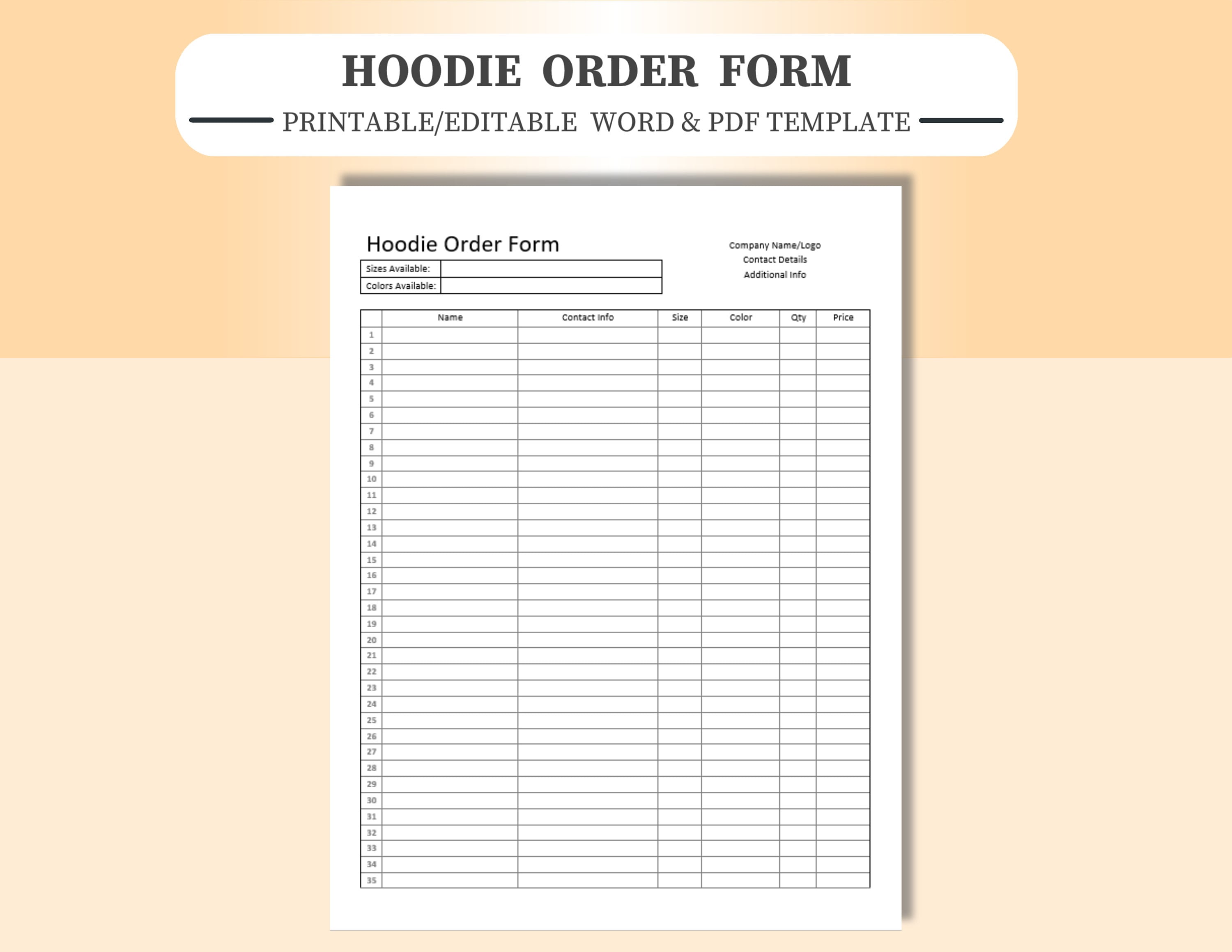 Hoodie Order Form Template. Editable and Printable in Microsoft Word Hoodie Order Form Template. Editable and Printable in Microsoft Word