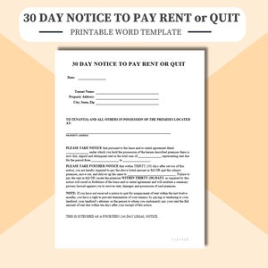Printable 30 Day Notice to Pay Rent or Quit (not Editable), 30 Day Notice to Quit, 30 Day Notice to Pay Rent, Notice to Quit, 30 Day