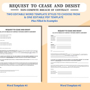 Non Compete Cease and Desist Form - Non Compete Breach of Contract. Fully Editable Word and PDF Templates. Non-Compete Breach of Contract.