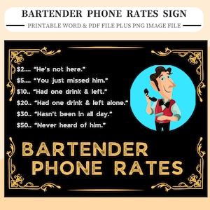 Placa de Tarifas Telefônicas de Barman. Arquivo Word e PDF para impressão em tamanho A4/Carta, além de Imagem PNG. Redimensione facilmente se necessário. Placa de Caverna do Homem do Bar Mancave