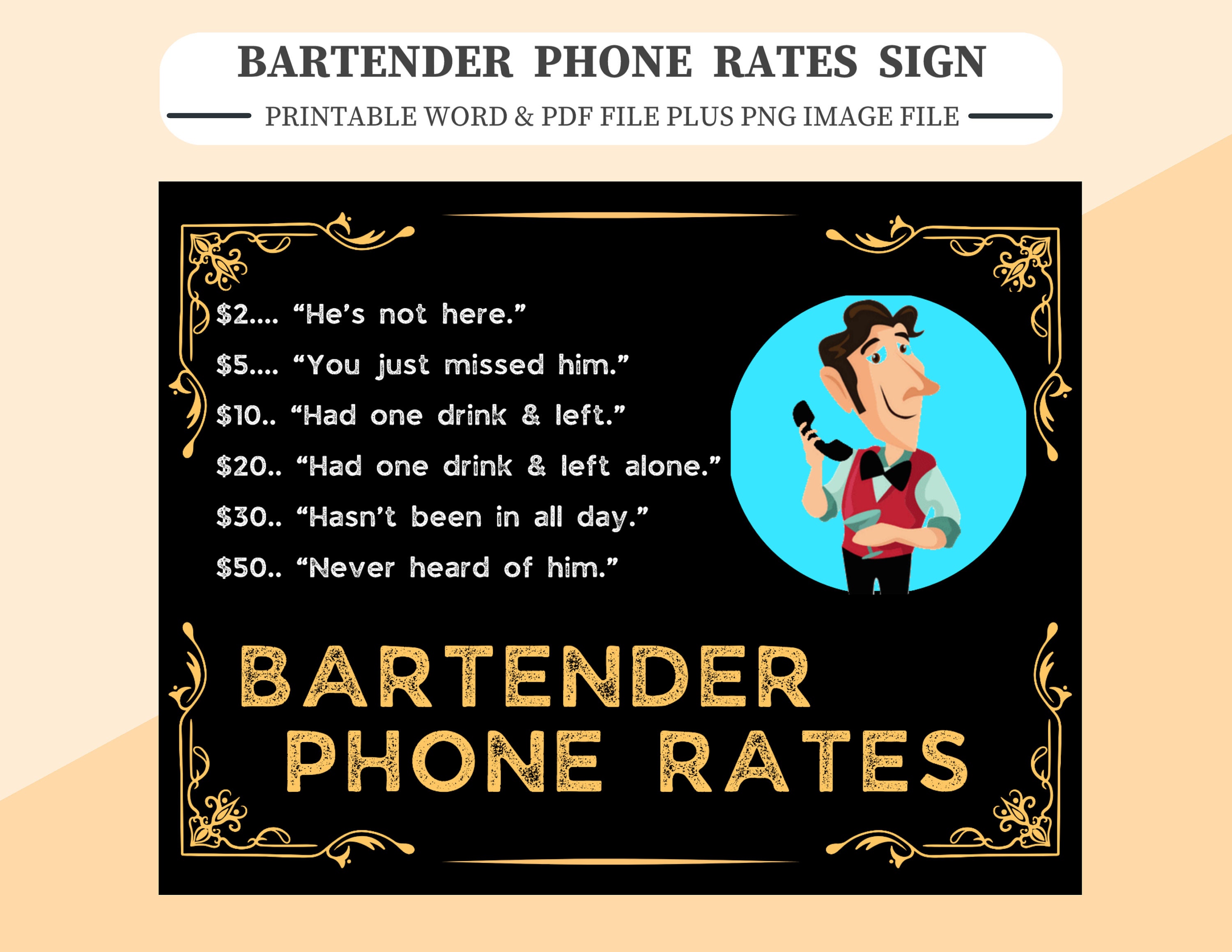 Bartender Phone Rates Sign. Printable A4/letter Size Word and PDF File