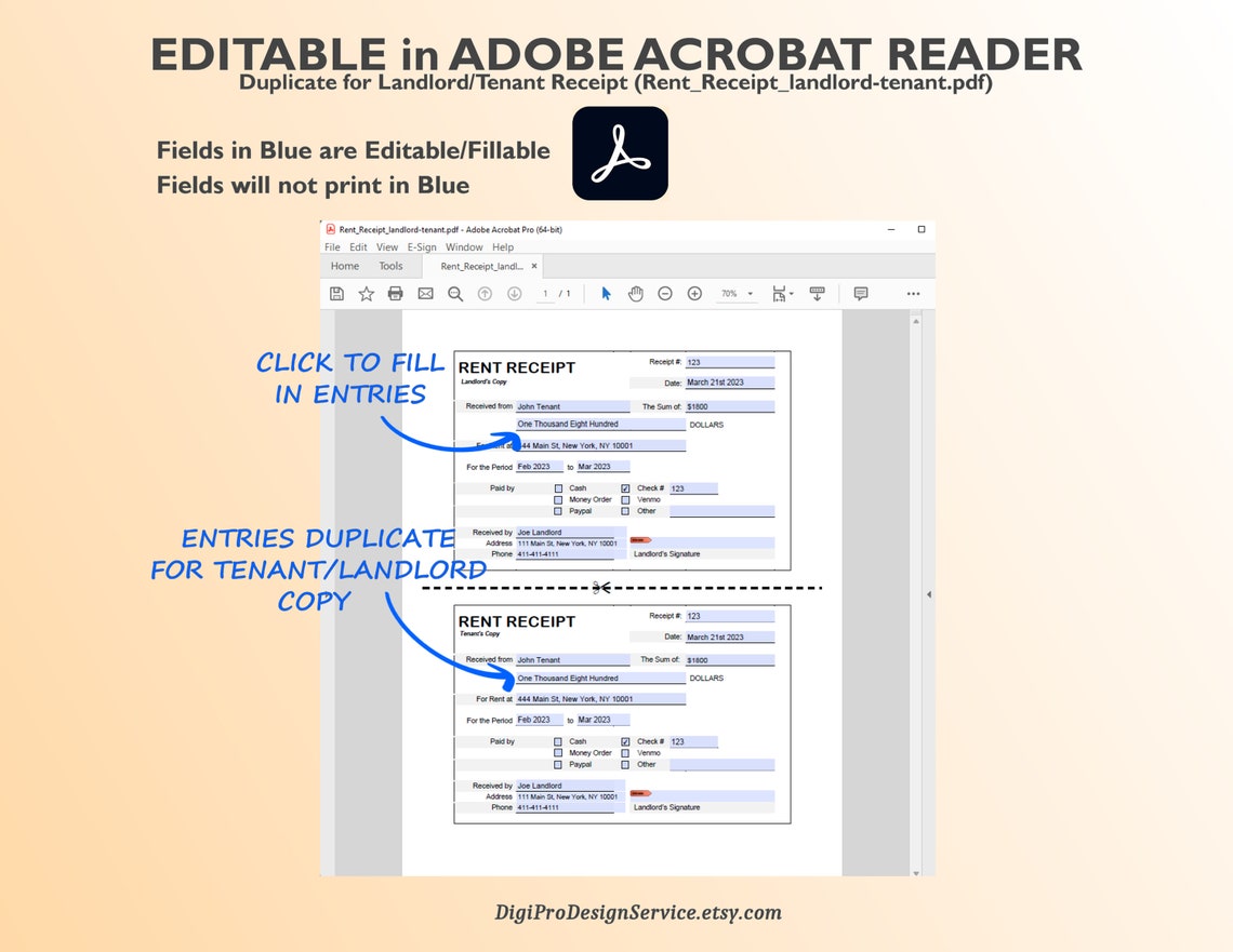 Landlord Rent Receipt, Receipt for Rent, Tenant Receipt, Monthly