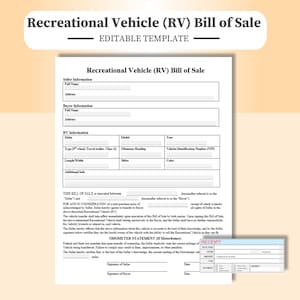 Recreational Vehicle RV Bill of Sale contract  - Editable PDF, Word / Google Doc. Camper Bill of Sale. Trailer, Camper, 5th Wheel