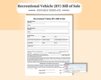 Recreational Vehicle RV Bill of Sale contract  - Editable PDF, Word / Google Doc. Camper Bill of Sale. Trailer, Camper, 5th Wheel