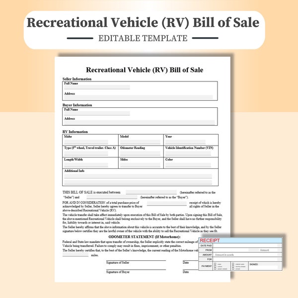 Recreational Vehicle RV Bill of Sale contract  - Editable PDF, Word / Google Doc. Camper Bill of Sale. Trailer, Camper, 5th Wheel