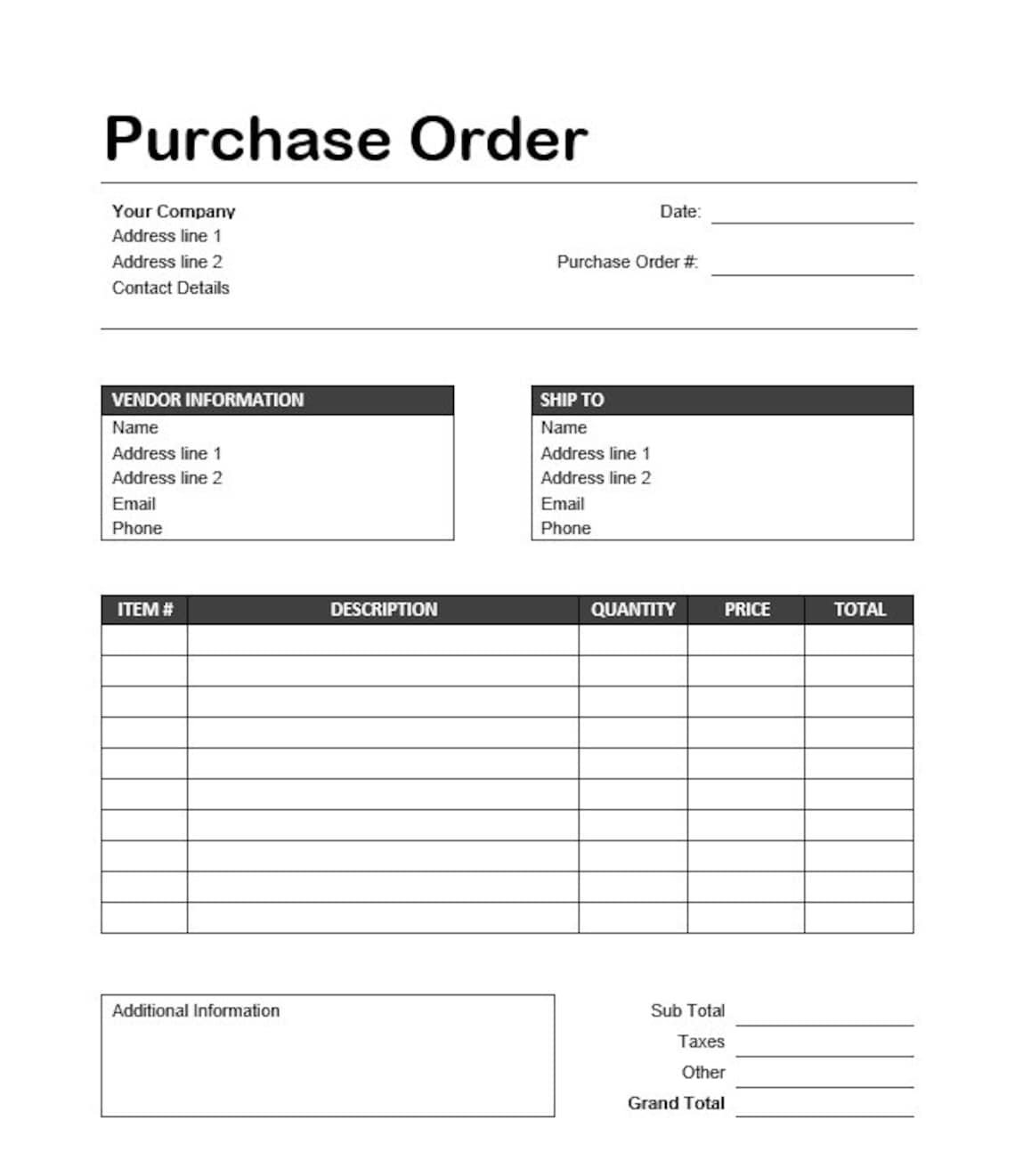 Editable Purchase Order Template: Fillable PDF & Word - Etsy