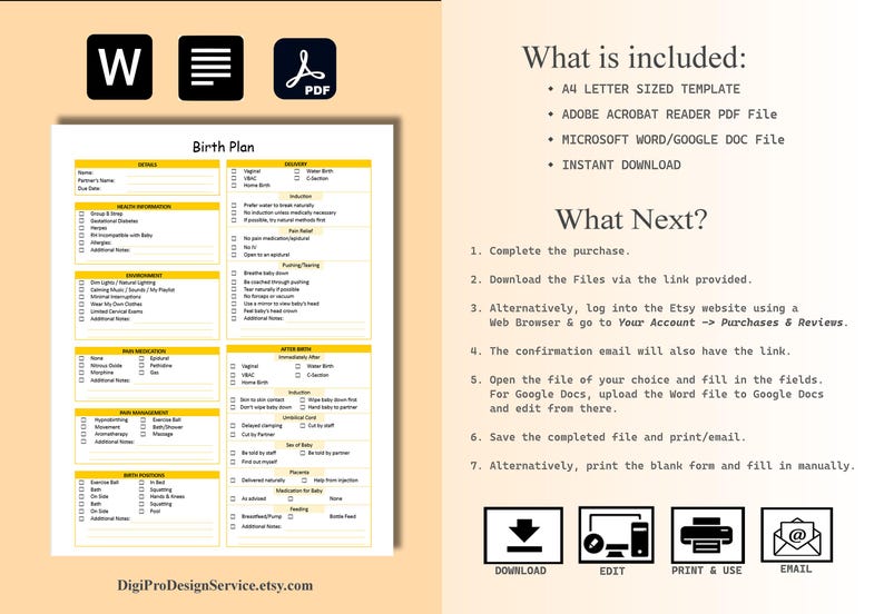Birth Plan Template. Editable & Printable Word and PDF File. Labor ...
