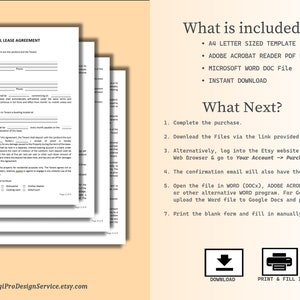 Puede incluir: Una plantilla de contrato de arrendamiento residencial descargable digitalmente, disponible en formato Microsoft Word DOC y Adobe Acrobat Reader PDF. El documento est&aacute; en tama&ntilde;o A4 e incluye instrucciones para descargar e imprimir el documento.