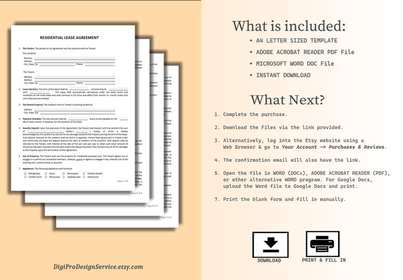 Puede incluir: Una plantilla de contrato de arrendamiento residencial descargable digitalmente, disponible en formato Microsoft Word DOC y Adobe Acrobat Reader PDF. El documento est&aacute; en tama&ntilde;o A4 e incluye instrucciones para descargar e imprimir el documento.