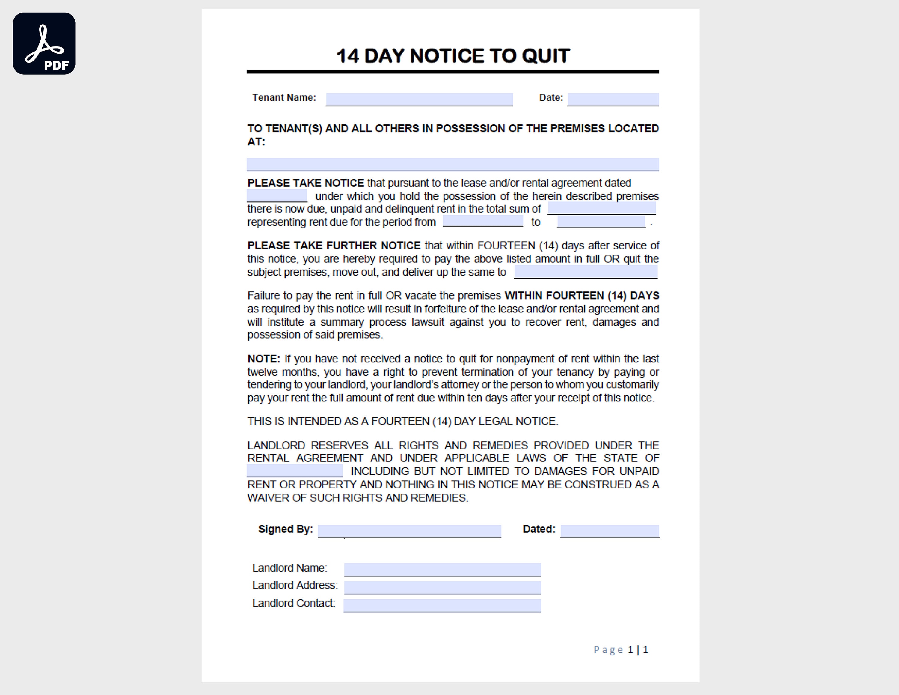 14 Day Notice to Quit/vacate Template (word & PDF) Etsy