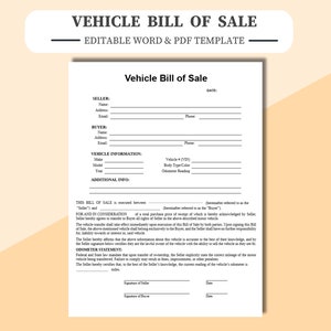 Vehicle Bill of Sale - Editable Fillable in WORD & PDF. Bill of Sale for Truck, Car, Motorcycle, SUV. Sale Receipt for Vehicle. as-is Sale