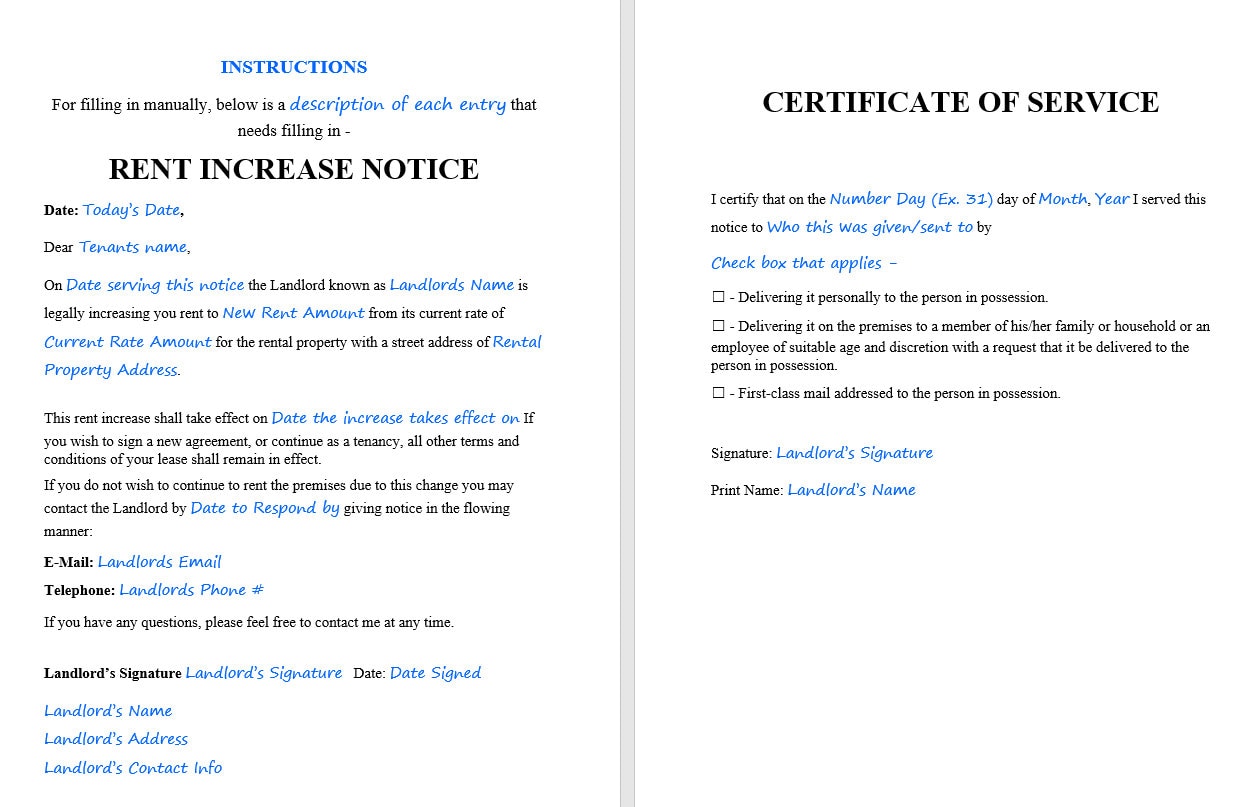 Rent Increase Notice Form: Landlord Template (printable Word & Google ...