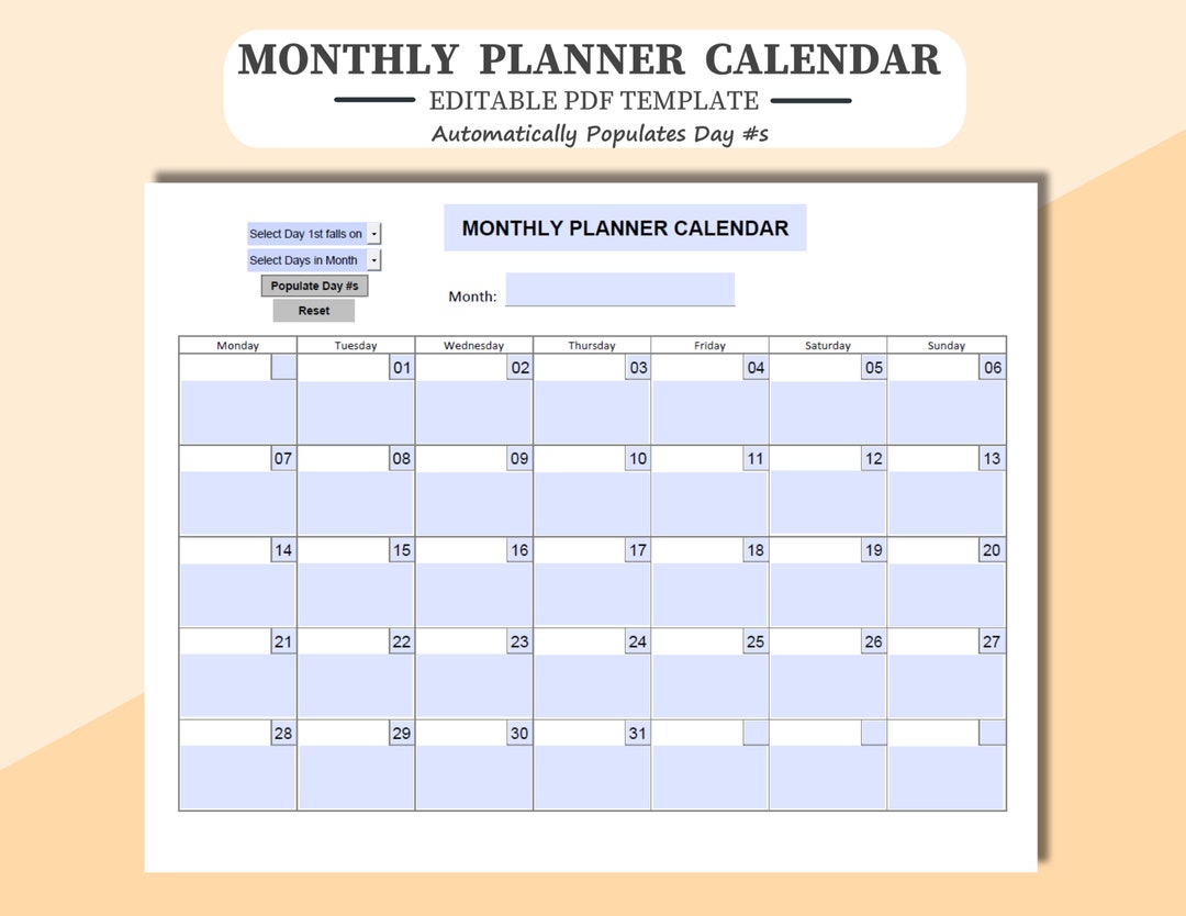 Fillable Savable Calendar Editable Monthly Calendar Planner: Fillable PDF Template - Etsy