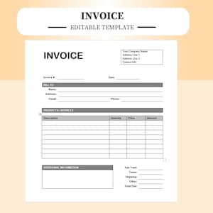 May include: A blank invoice template with fields for invoice number, date, bill to information, products or services, quantity, price, amount, additional information, sub total, taxes, shipping, other, and total due.