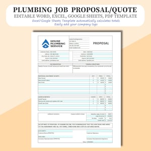 Editable Plumbing Proposal Form/Template in Word, Excel, PDF, Google Sheets. Excel/Sheets automatically calculates Totals. Plumbing Quote.