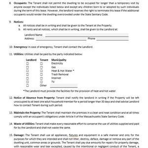 Puede incluir: Un documento legal que describe las responsabilidades de un inquilino y un arrendador en un contrato de arrendamiento. El documento incluye secciones sobre ocupantes, avisos, servicios p&uacute;blicos, contacto de emergencia y da&ntilde;os.