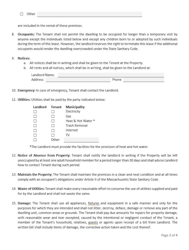 Rental Lease Agreement Printable or Editable in Word. Monthly or Yearly