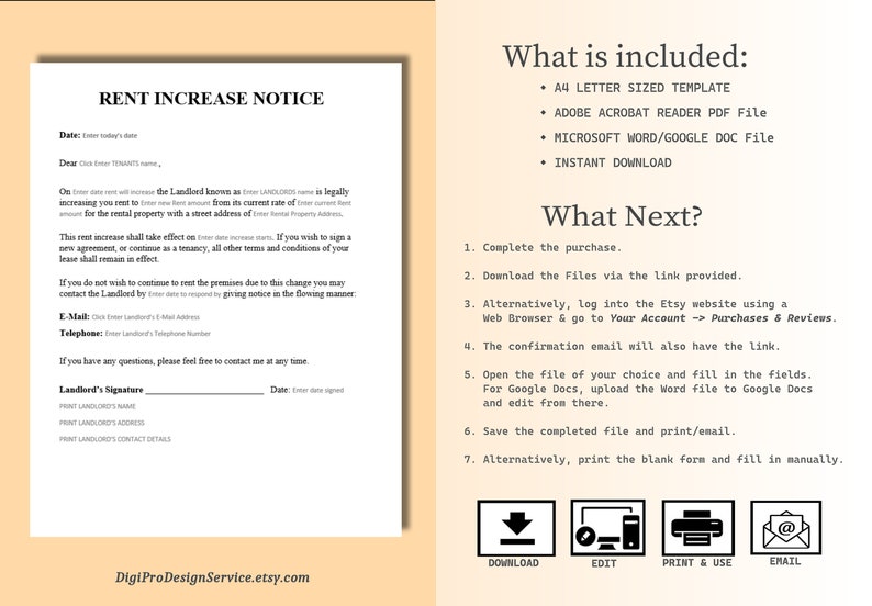 Rent Increase Template, Editable/fillable in WORD &amp; PDF, Rent Increase Form, Rental Increase ...
