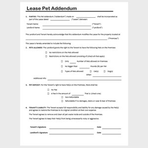 Pet Addendum to Lease: Editable Word & PDF Template - Etsy