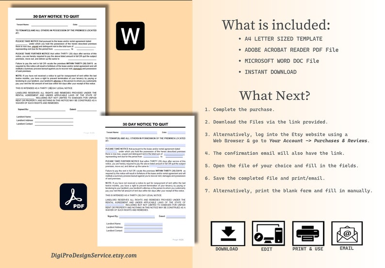 30 Day Notice to Quit / Vacate. Editable, Printable in WORD &amp; Adobe PDF ...
