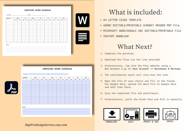 Employee Work Schedule Template Edit/fill in Using Word Google Docs