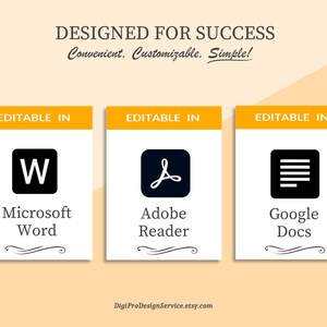 May include: Three white cards with yellow borders and black text. Each card features a different icon representing a popular document editing program: Microsoft Word, Adobe Reader, and Google Docs. The text on each card reads "Editable in" followed by the name of the program.