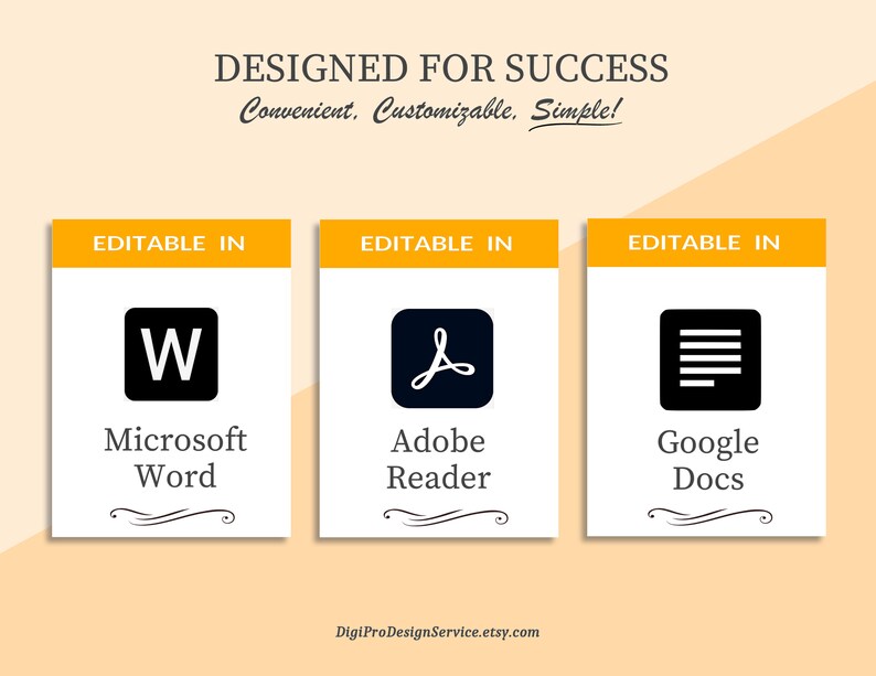 May include: Three white cards with yellow borders and black text. Each card features a different icon representing a popular document editing program: Microsoft Word, Adobe Reader, and Google Docs. The text on each card reads "Editable in" followed by the name of the program.