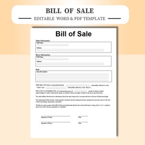 Bill of Sale - Editable/Fillable in WORD & PDF. Bill of Sale Template, Bill of Sale Form, As-Is, asis, as is, Sale Receipt, Sale contract.