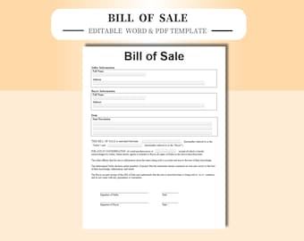 Bill of Sale - Editable/Fillable in WORD & PDF. Bill of Sale Template, Bill of Sale Form, As-Is, asis, as is, Sale Receipt, Sale contract.