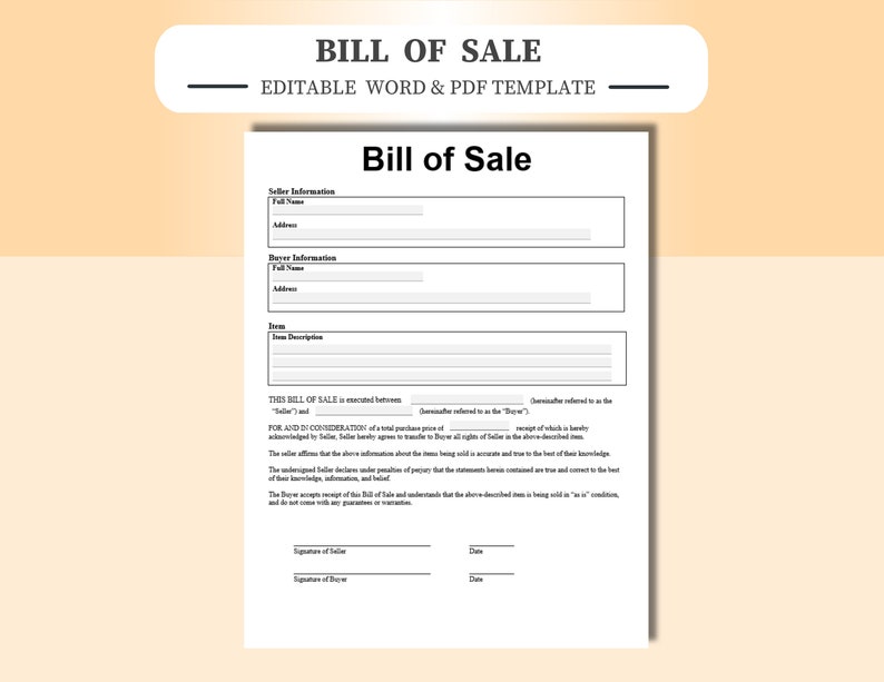 Bill of Sale Editable/fillable in WORD & PDF. Bill of Sale Template Bill of Sale Editable/fillable in WORD & PDF. Bill of Sale Template