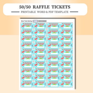 May include: A printable 50/50 raffle ticket template with a blue background and red and white text. The template includes 30 tickets with a number field for each ticket.