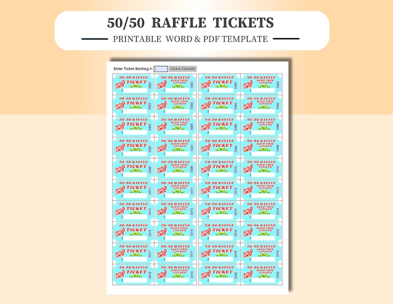 Printable 50/50 Raffle Tickets: Customizable Template (PDF, Word) - Etsy